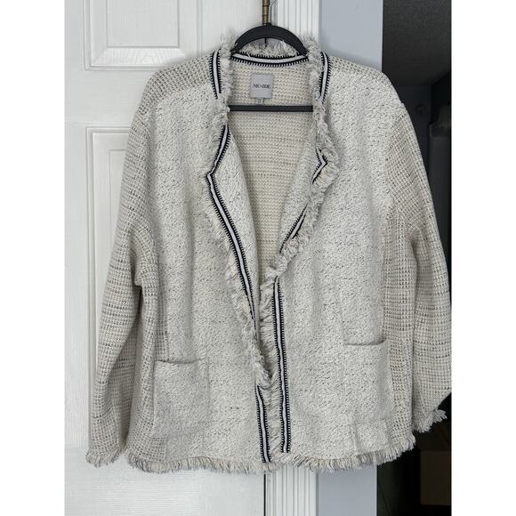 VGUC NIC+ZOE Plus Ribbon Trim Fringe Jacket Cream Navy Waffle size 3X READ - Picture 3 of 14
